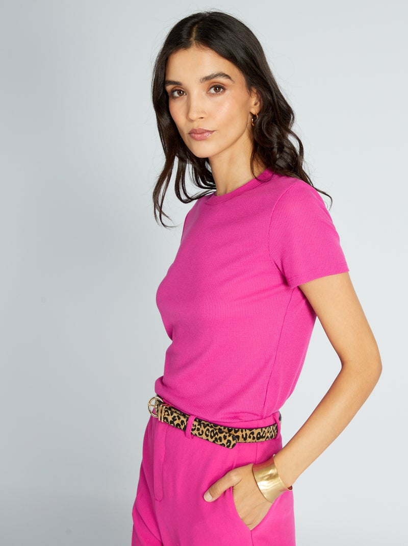 T-shirt van ribstof fuchsia paars - Kiabi
