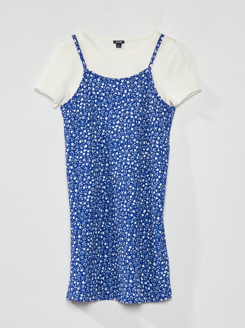 T-shirt van ribstof + Jurk met bloemenprint 2-delig BLAUW - Kiabi