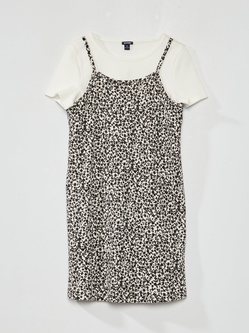 T-shirt van ribstof + Jurk met bloemenprint 2-delig WIT - Kiabi