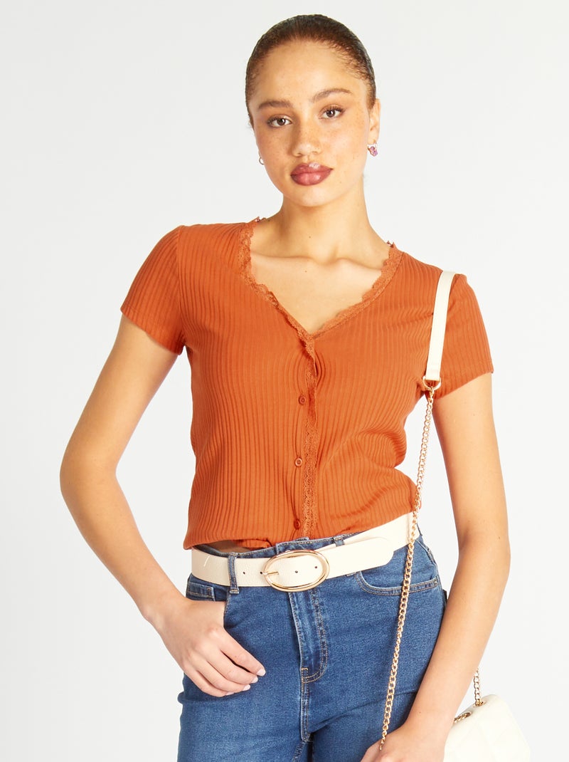 T-shirt van ribstof met kant oranje - Kiabi