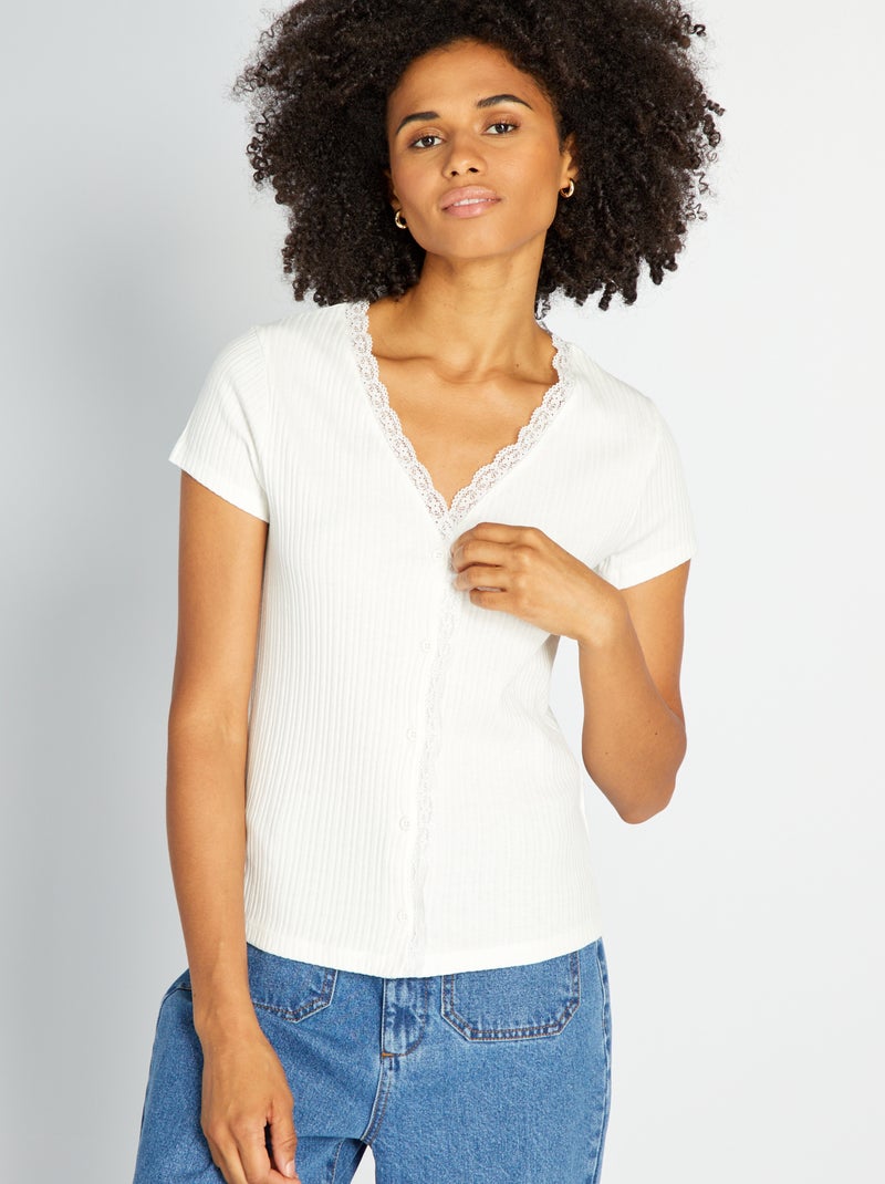 T-shirt van ribstof met kant Wit - Kiabi
