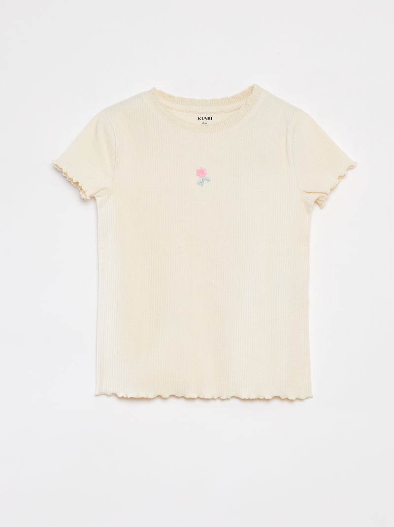 T-shirt van ribstof met korte mouw en golvend boordje WIT - Kiabi