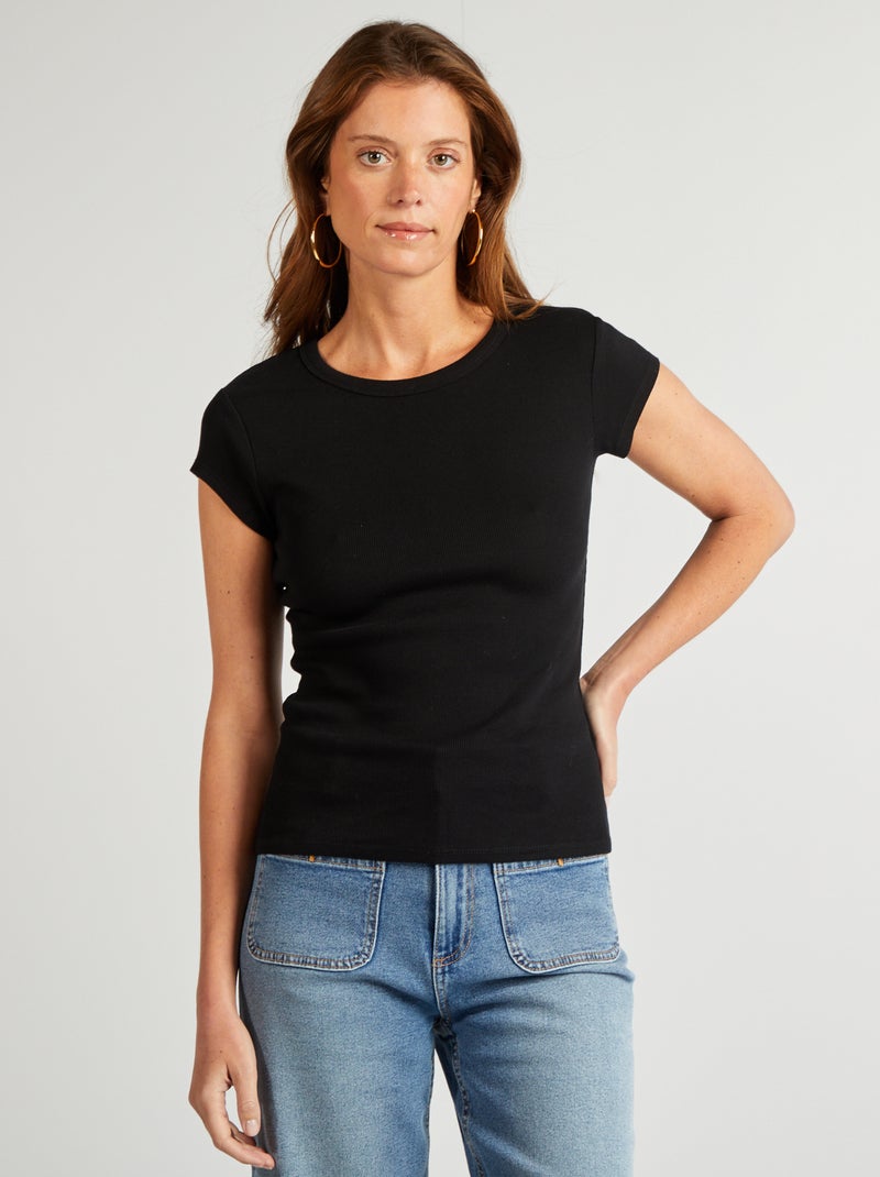 T-shirt van ribstof met korte mouwen zwart - Kiabi