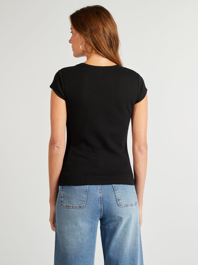 T-shirt van ribstof met korte mouwen zwart - Kiabi