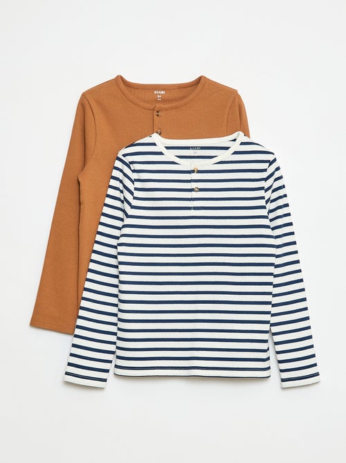 T-shirt van ribstof met lange mouw en henleykraagje - Kiabi
