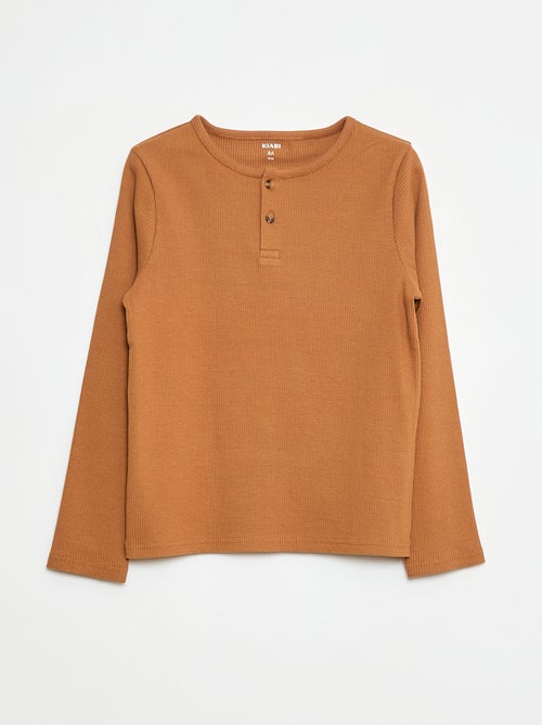 T-shirt van ribstof met lange mouw en henleykraagje - Kiabi