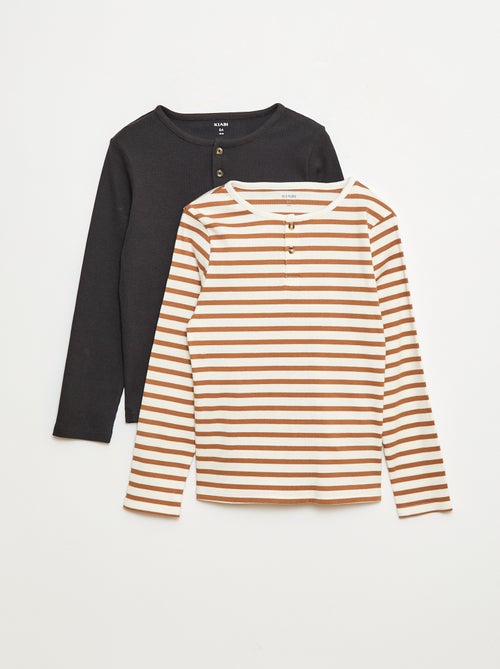 T-shirt van ribstof met lange mouw en henleykraagje - Kiabi