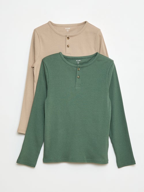 T-shirt van ribstof met lange mouw en henleykraagje - Kiabi