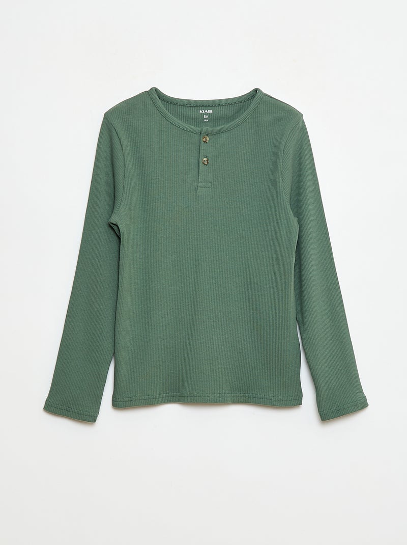 T-shirt van ribstof met lange mouw en henleykraagje Kaki - Kiabi