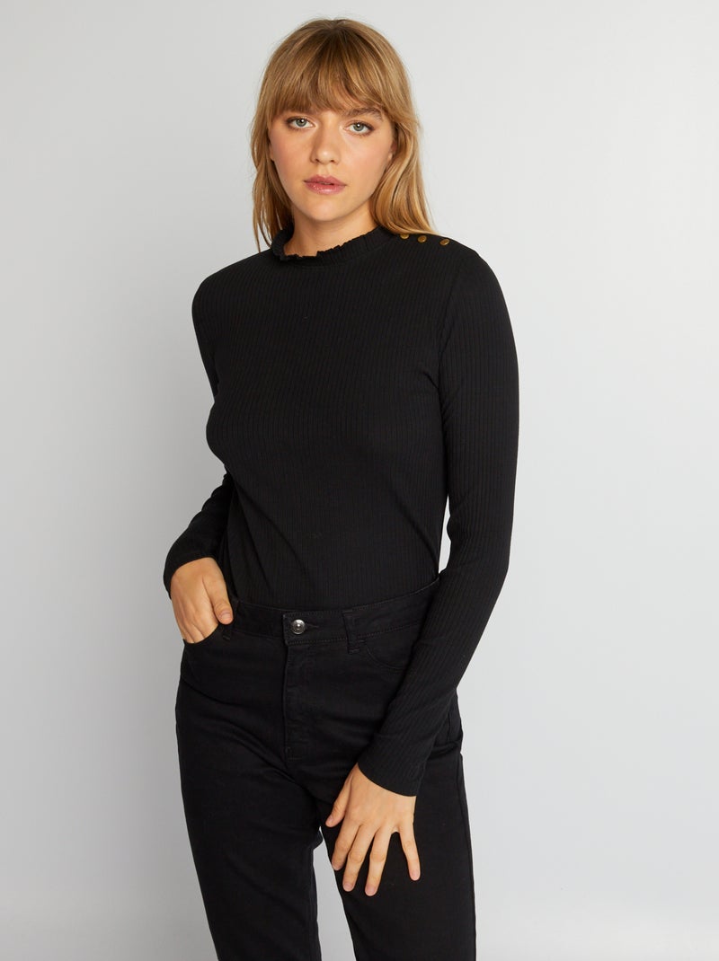 T-shirt van ribstof met lange mouw ZWART - Kiabi