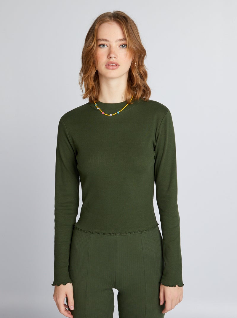 T-shirt van ribstof met opstaande kraag GROEN - Kiabi