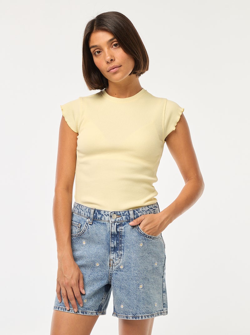 T-shirt van ribstof met ruchemouwen Geel - Kiabi