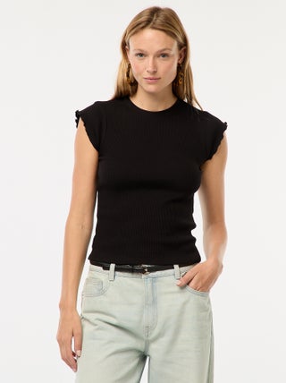 T-shirt van ribstof met ruchemouwen
