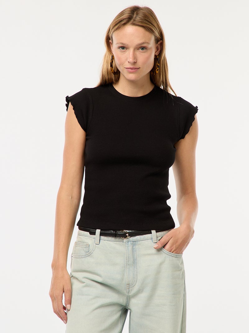 T-shirt van ribstof met ruchemouwen zwart - Kiabi