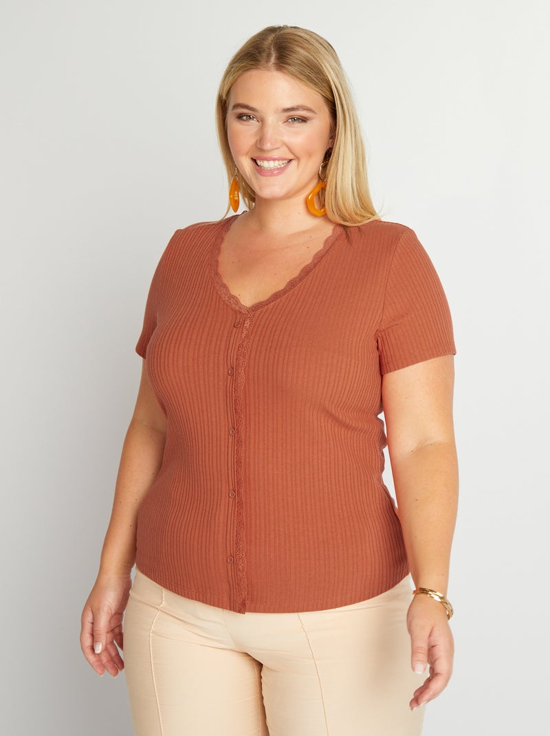 T-shirt van ribstof met V-hals oranje - Kiabi