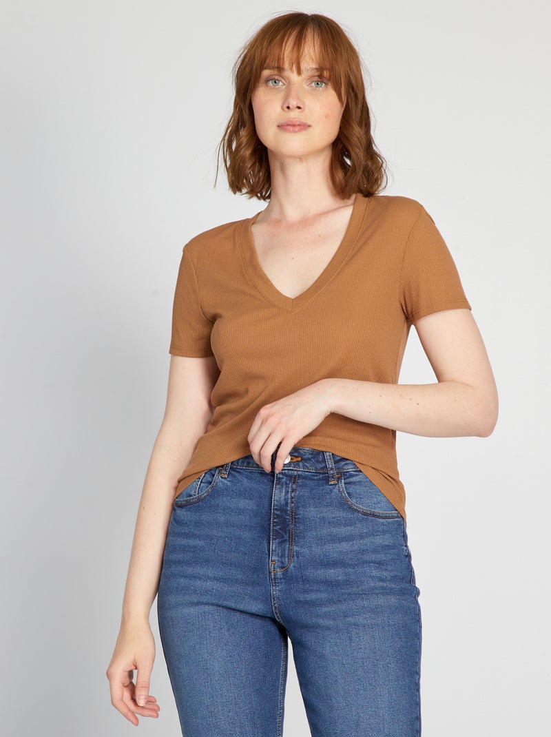 T-shirt van ribtricot Biege - Kiabi