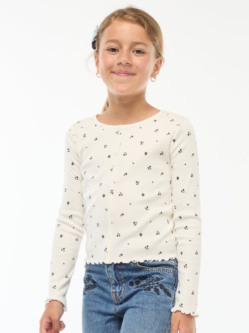 T-shirt van ribtricot met bloemmotief - Kiabi