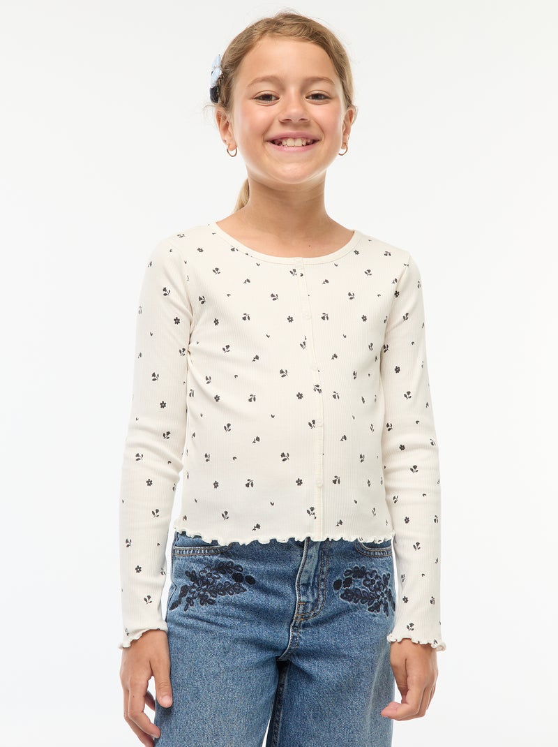 T-shirt van ribtricot met bloemmotief Biege - Kiabi