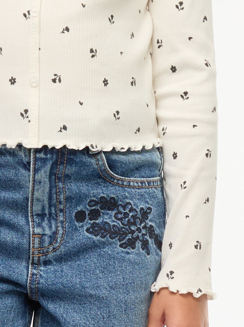 T-shirt van ribtricot met bloemmotief Biege - Kiabi