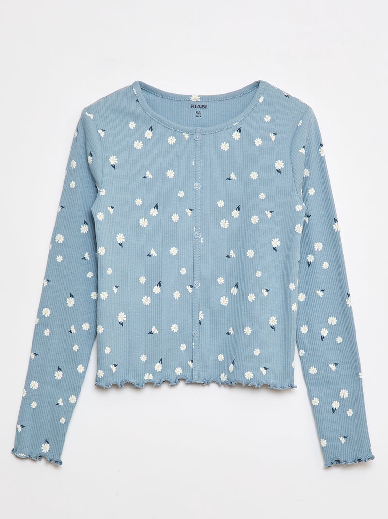 T-shirt van ribtricot met bloemmotief Blauw - Kiabi