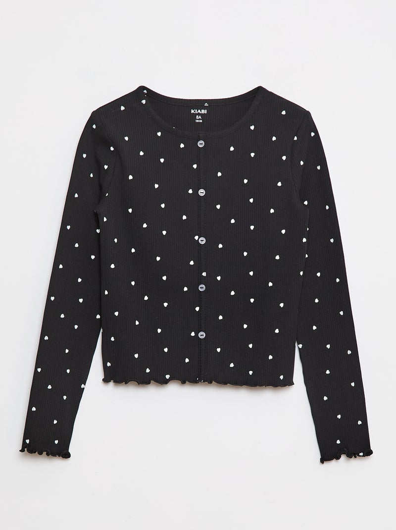 T-shirt van ribtricot met bloemmotief Zwart - Kiabi