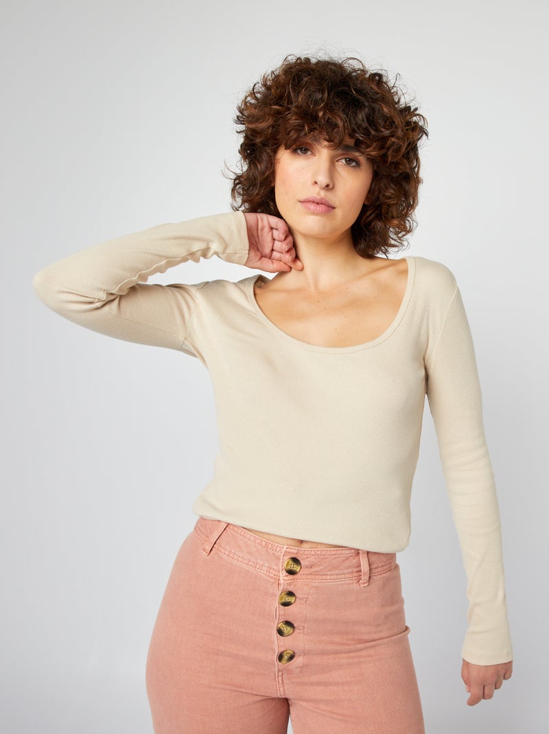 T-shirt van ribtricot met ronde hals GRIJS - Kiabi