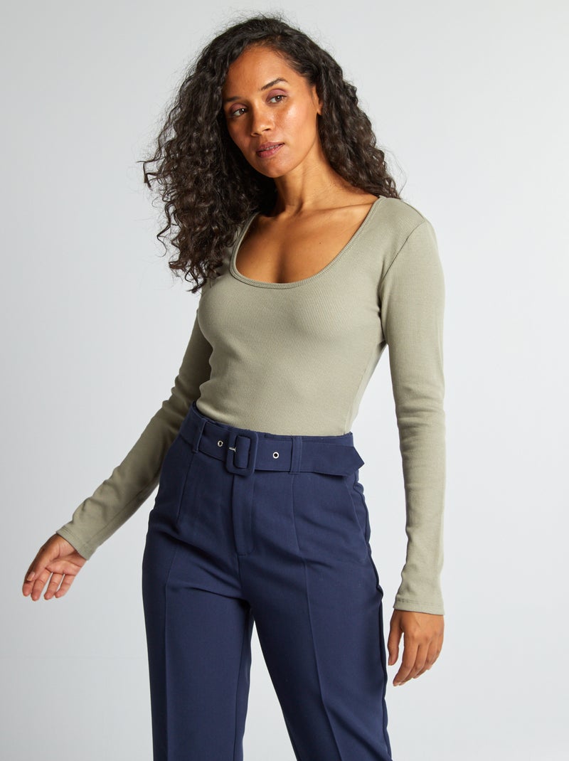 T-shirt van ribtricot met ronde hals GROEN - Kiabi