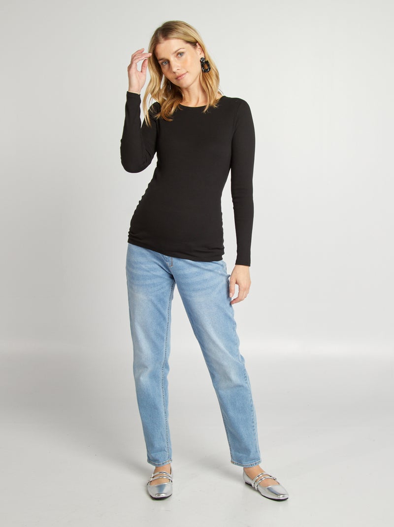 T-shirt van ribtricot met ronde hals zwart - Kiabi