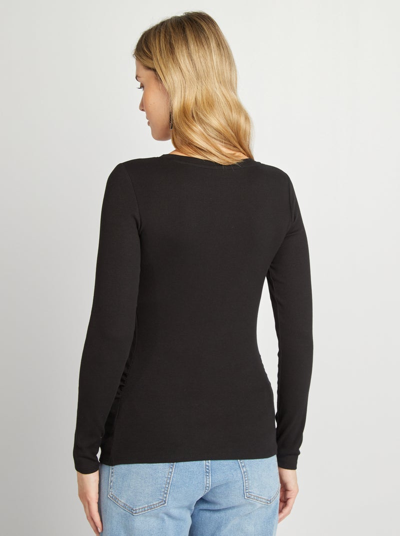 T-shirt van ribtricot met ronde hals zwart - Kiabi