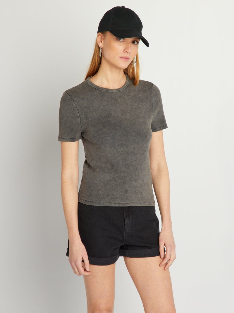 T-shirt van ribtricot zwart - Kiabi