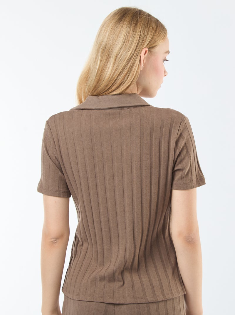 T-shirt van stretchkatoen met polokraag Bruin - Kiabi