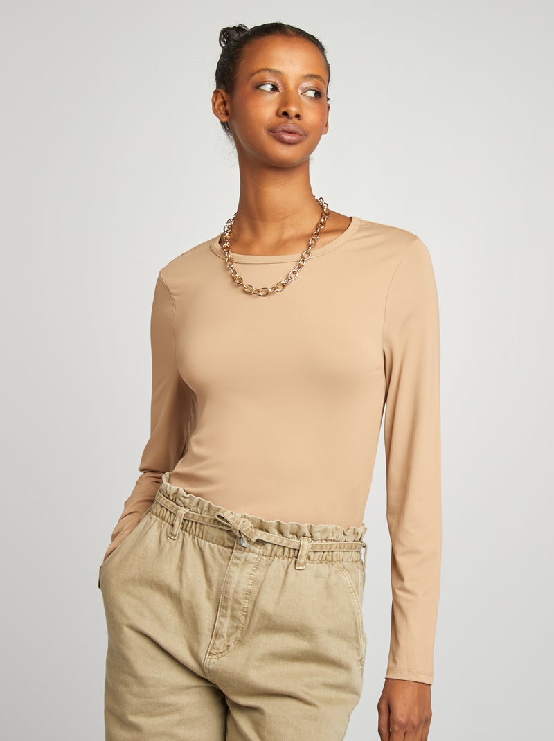 T-shirt van stretchstof met lange mouw BIEGE - Kiabi