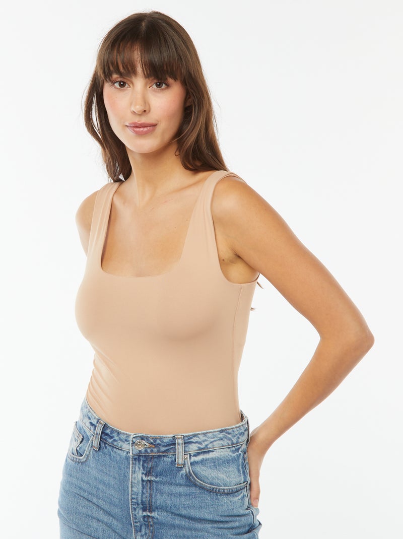 T-shirt van stretchtricot met vierkante hals Biege - Kiabi