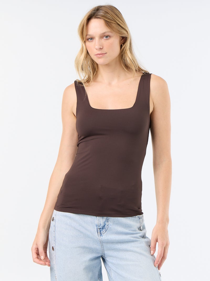 T-shirt van stretchtricot met vierkante hals Bruin - Kiabi