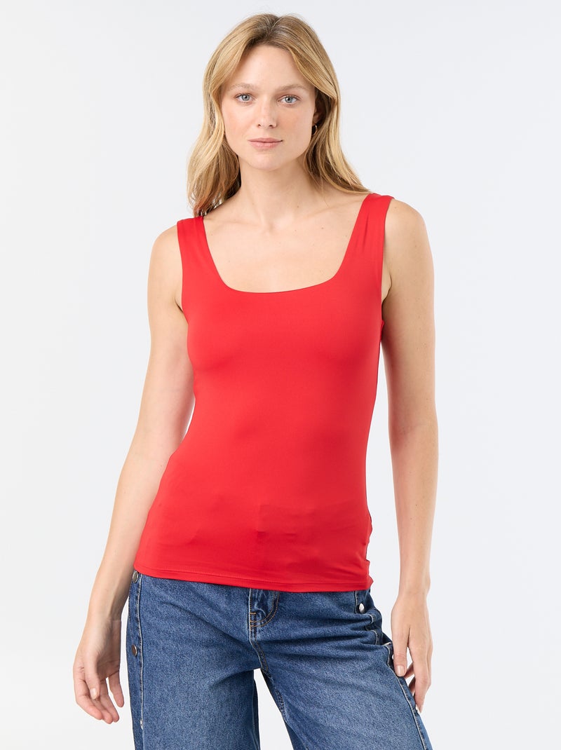 T-shirt van stretchtricot met vierkante hals Rood - Kiabi