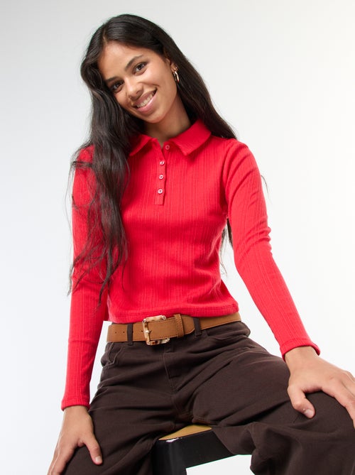 T-shirt van tricot met fijn ajourmotiefje en polokraagje - Kiabi