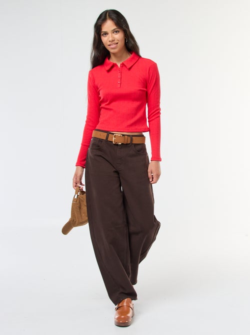 T-shirt van tricot met fijn ajourmotiefje en polokraagje - Kiabi