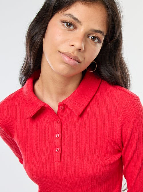 T-shirt van tricot met fijn ajourmotiefje en polokraagje - Kiabi