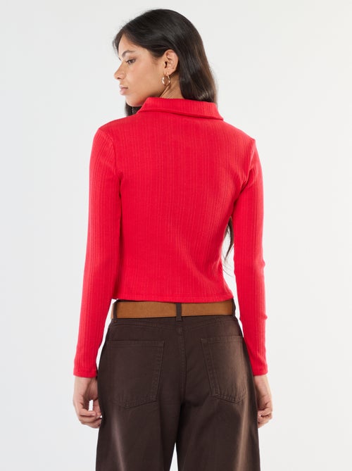 T-shirt van tricot met fijn ajourmotiefje en polokraagje - Kiabi