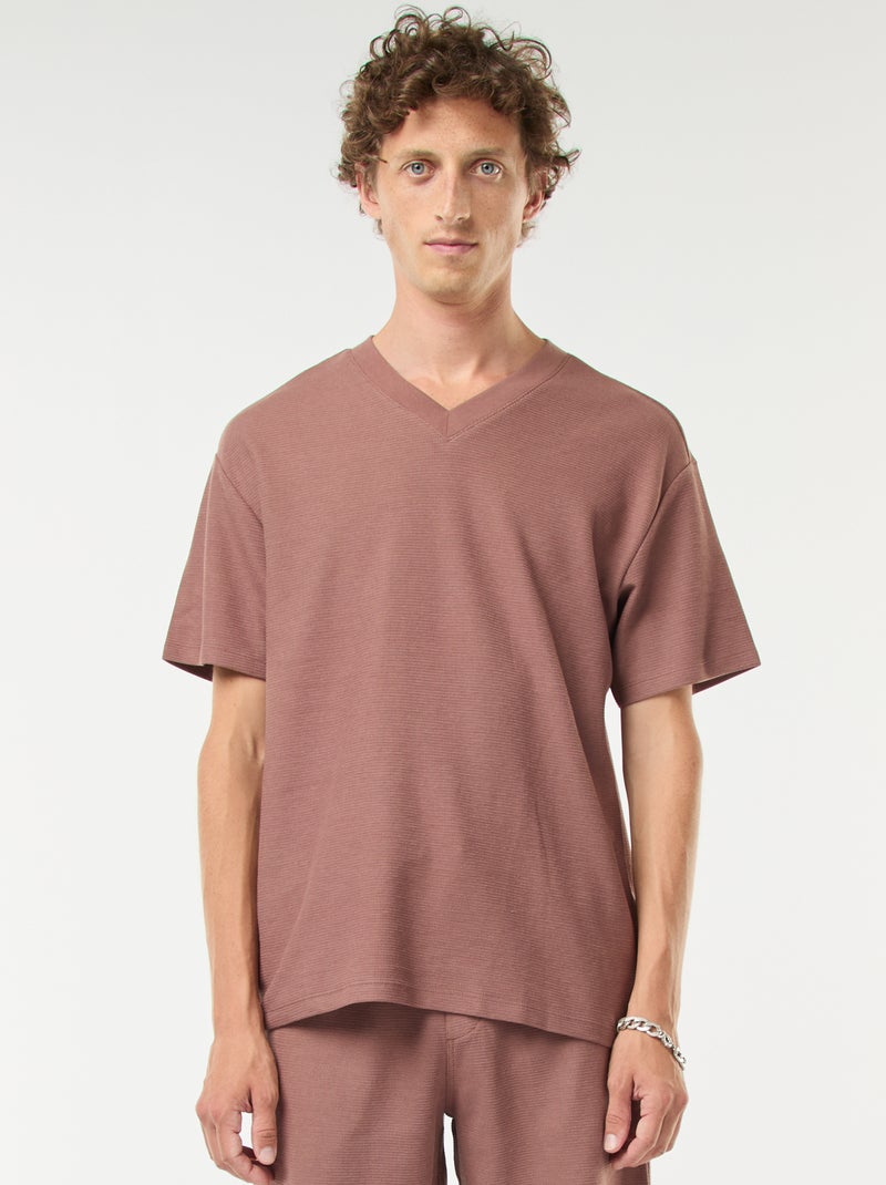 T-shirt van tricot met V-hals Bruin - Kiabi