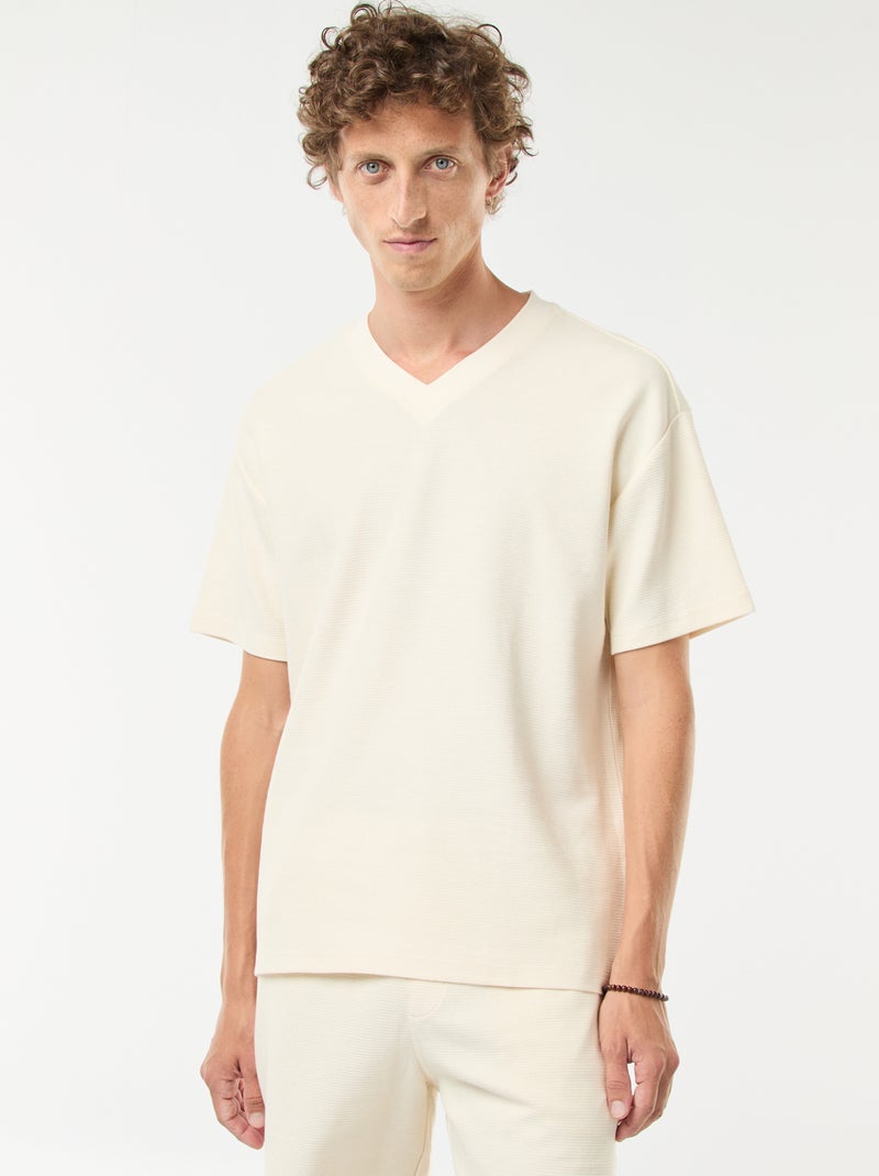 T-shirt van tricot met V-hals Wit - Kiabi