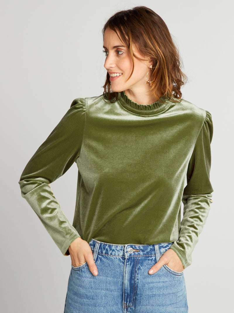 T-shirt van velours met volantkraag GROEN - Kiabi