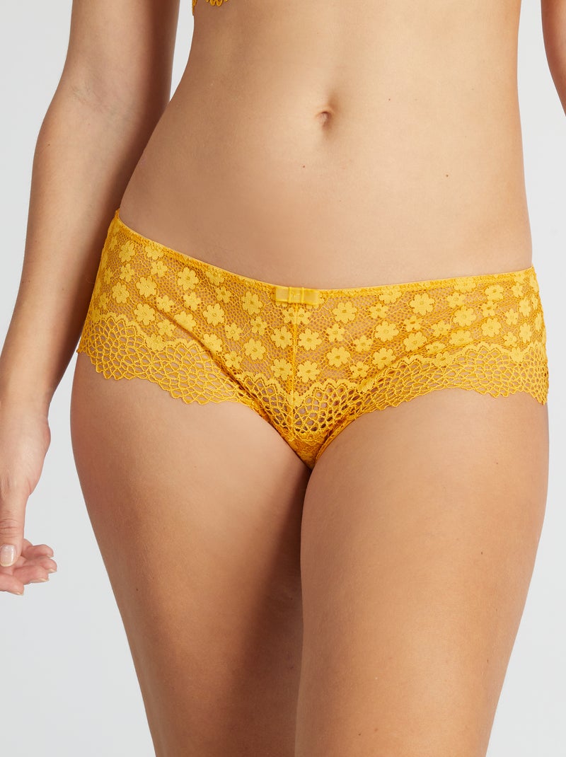 Tanga met ajour en gebloemde kant geel - Kiabi