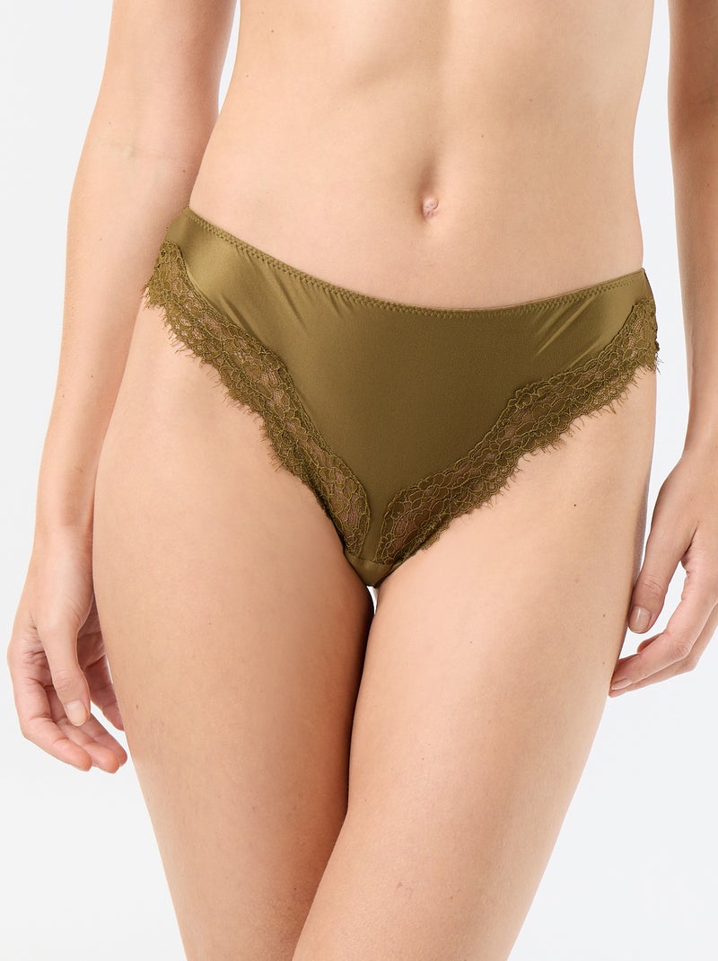 Tanga van gesatineerde microvezel en kant Groen - Kiabi