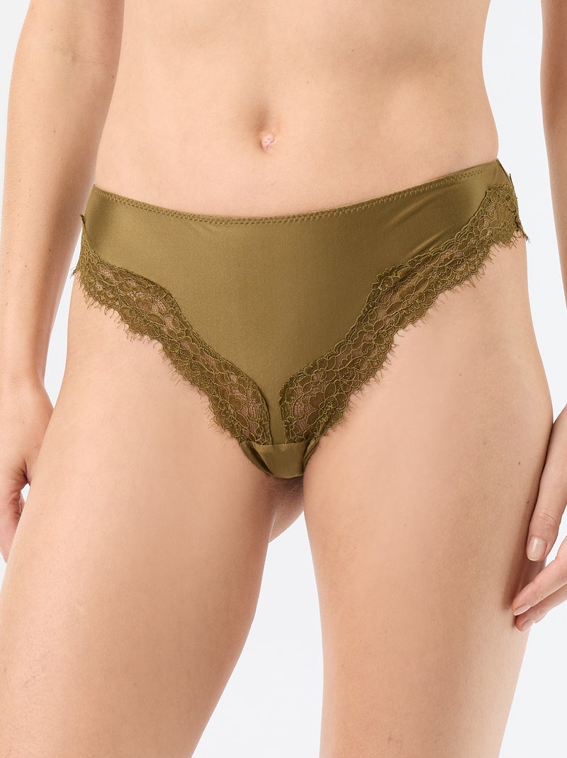 Tanga van gesatineerde microvezel en kant Groen - Kiabi