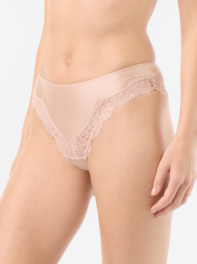 Tanga van gesatineerde microvezel en kant Rose - Kiabi