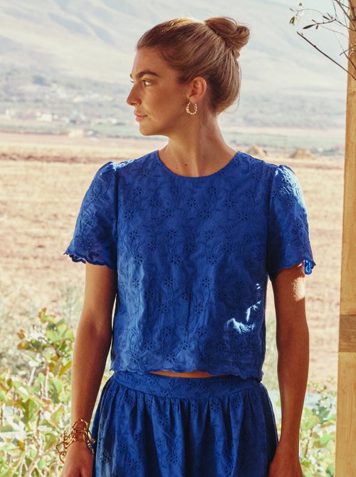 Top met korte mouwen en Engels borduurwerk van effen katoen - Kiabi