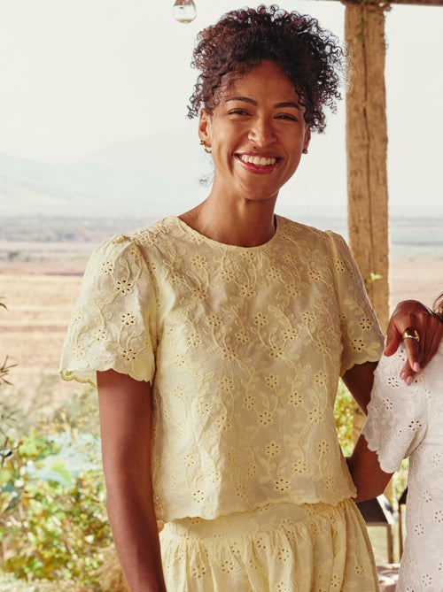 Top met korte mouwen en Engels borduurwerk van effen katoen - Kiabi