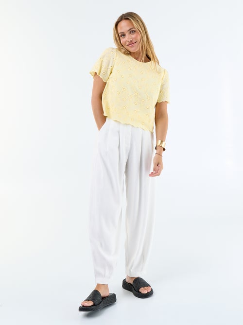 Top met korte mouwen en Engels borduurwerk van effen katoen - Kiabi