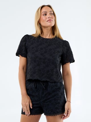 Top met korte mouwen en Engels borduurwerk van effen katoen